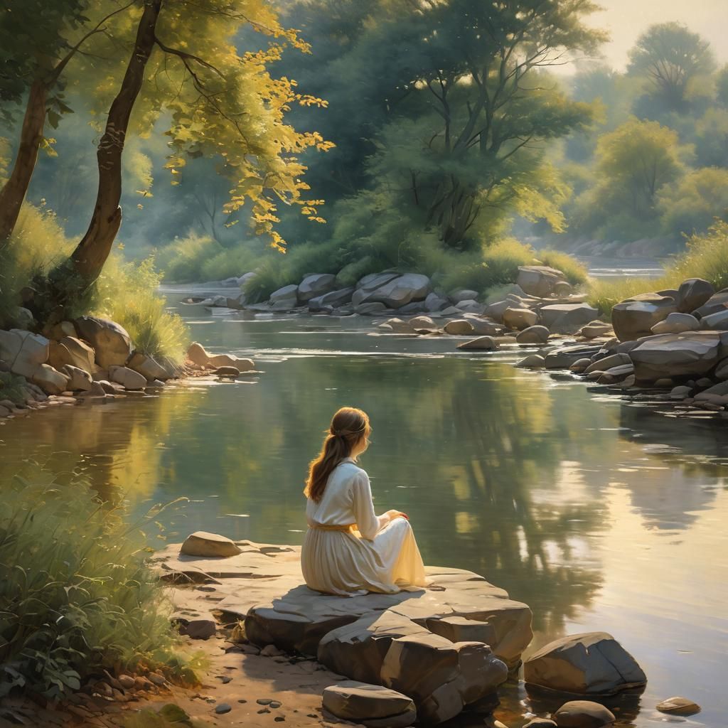 French Impressionism. Wide shot. A woman sits alone on a rocky riverbank, surrounded by serene landscape, ...  by @Adalovelace