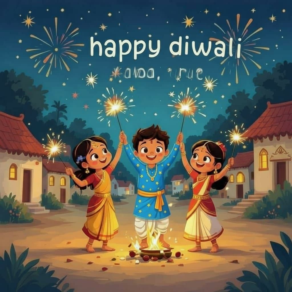 create the south indian kids characters with crackrers and the Diwali scene as image frames for the GIF with happy diwali greetings 