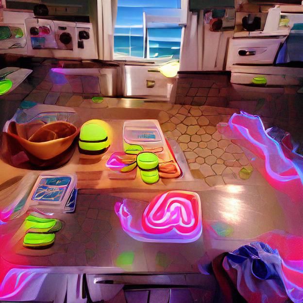 Playing a game in a beach house kitchen glowing neon