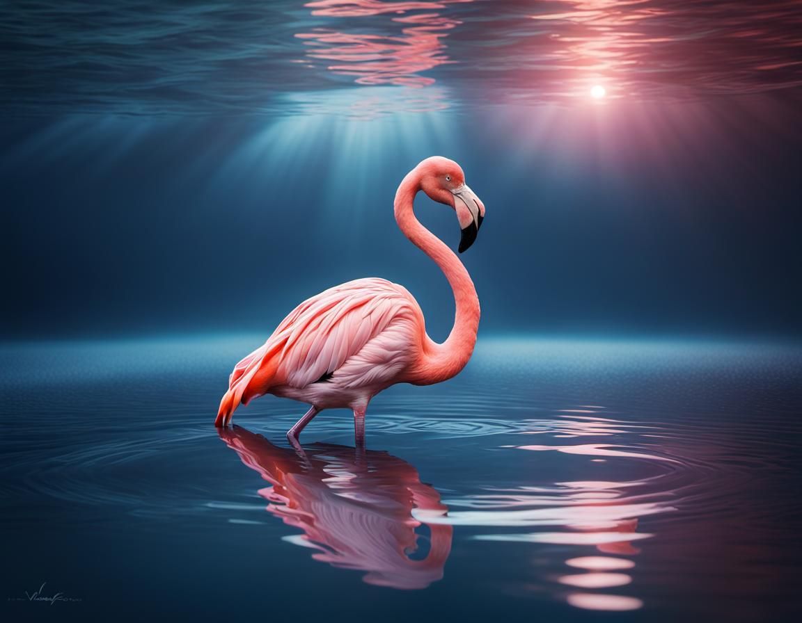 a pink flamingo standing in a blue lake