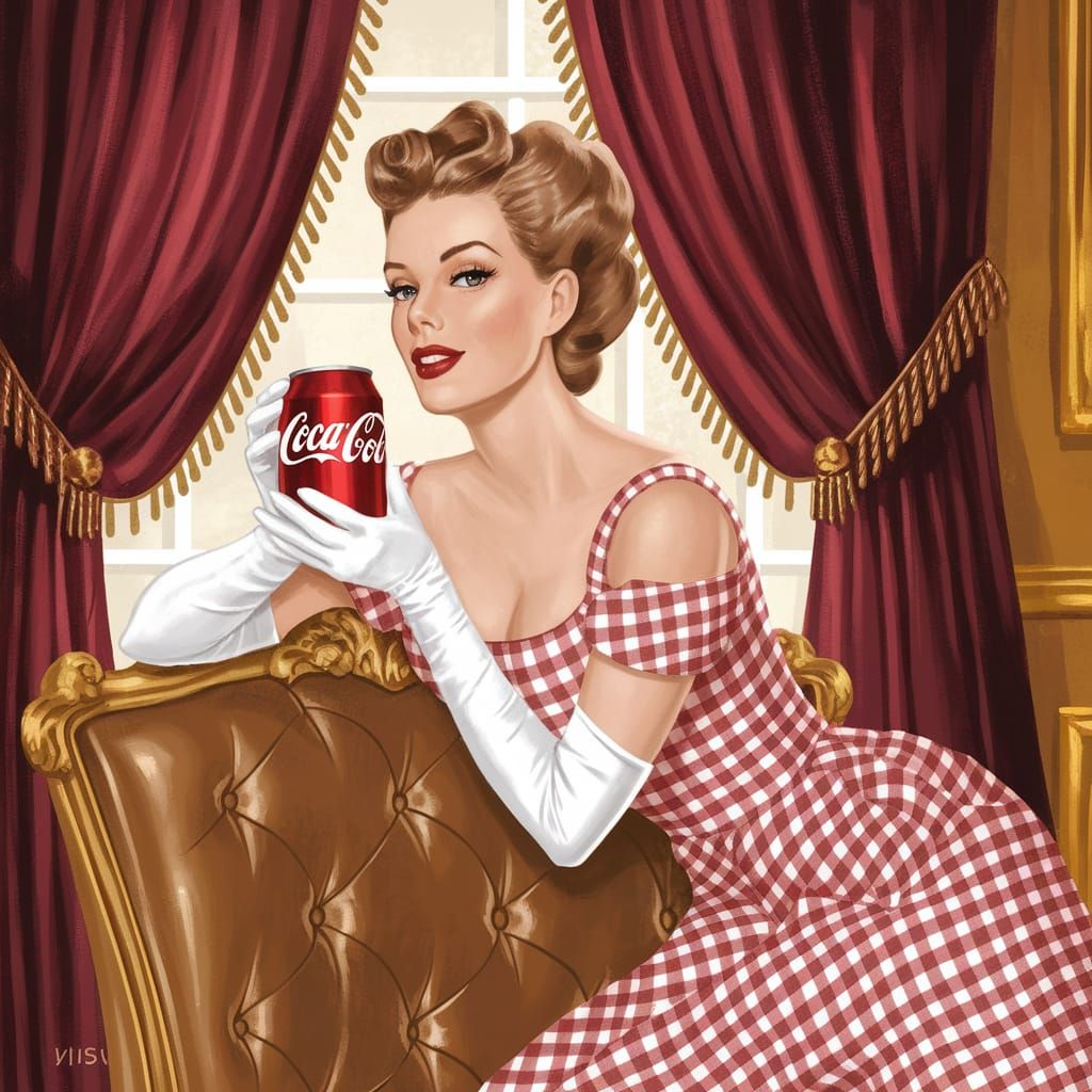 A woman wearing a gingham-style dress in a Coca-Cola advertisement  by @ChronoScribe