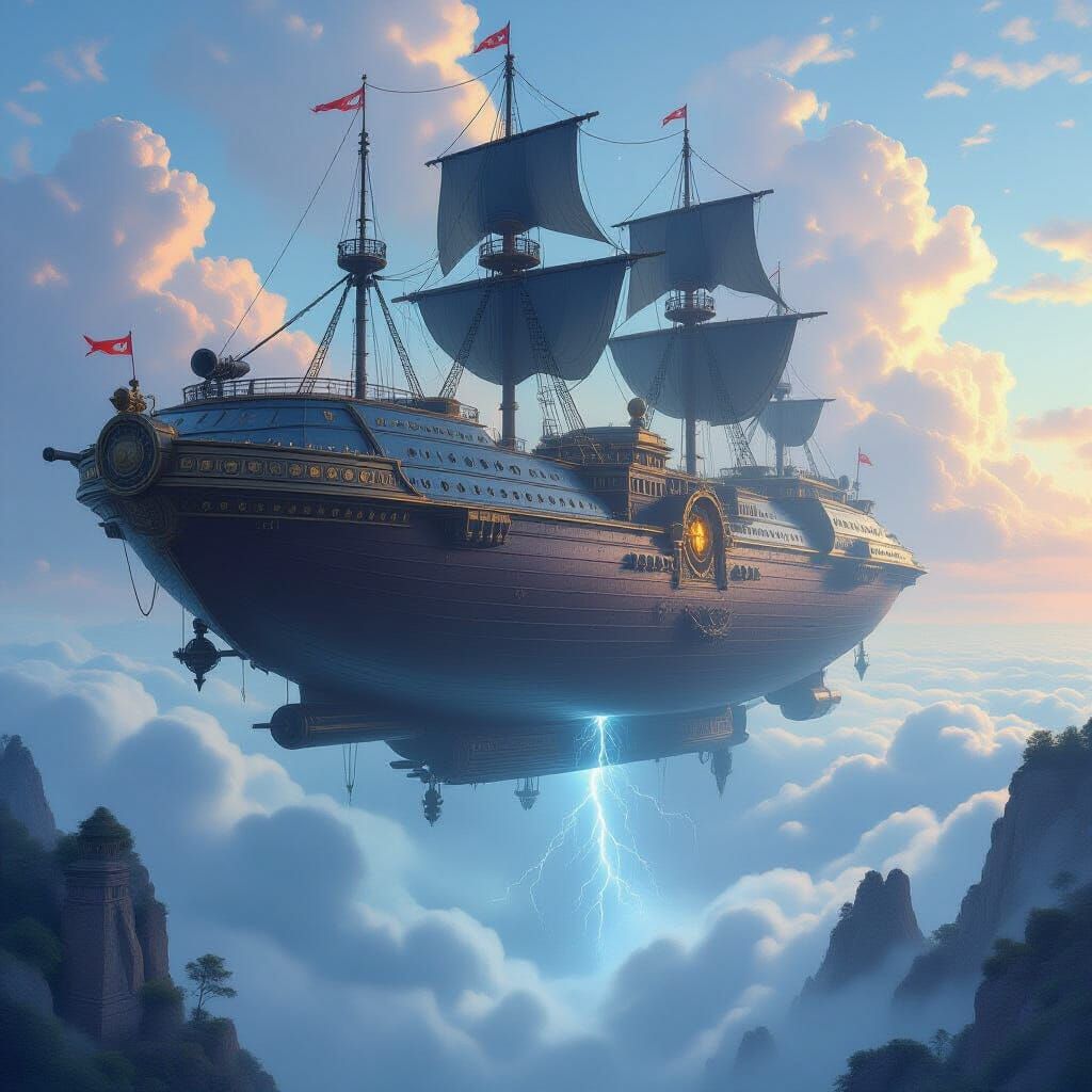 A massive airship fortress floating above the clouds, bristling with cannons, dark sails powered by lightning, and a grand throne room with ...