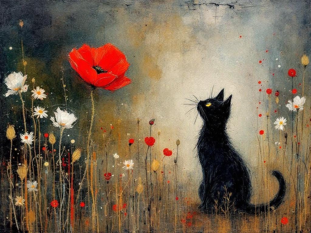 Black cat looking at a red poppy  by @AVA