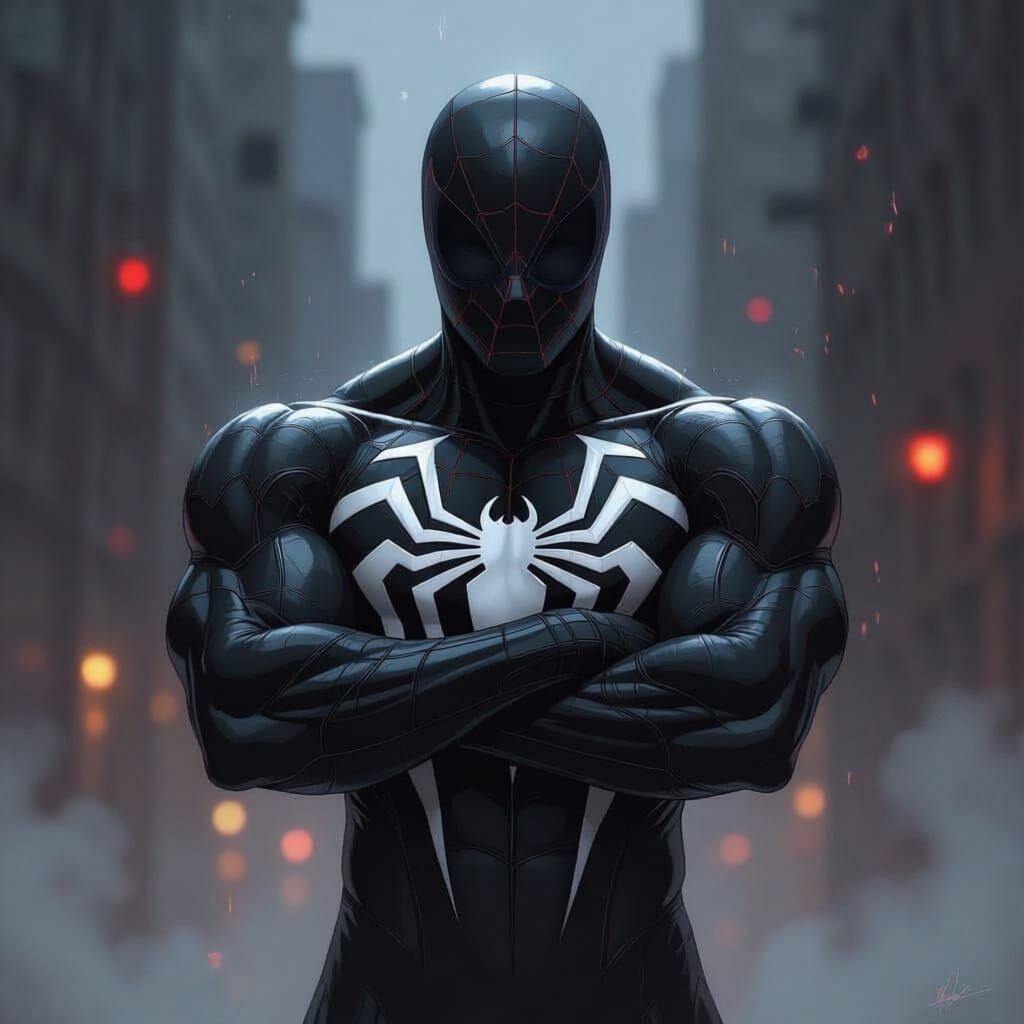 Superior Spiderman, very muscular, in a symbiote suit standing with his arms crossed