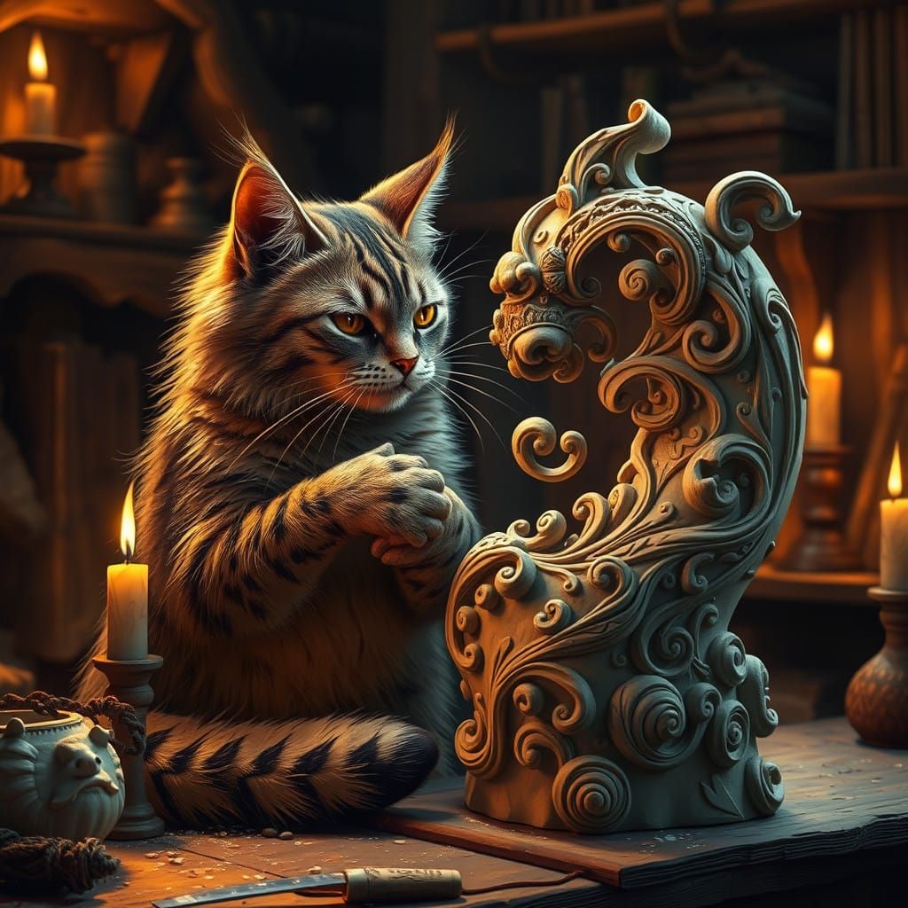 Feline Artisan Molds Majestic Clay Sculpture in Candlelit At...