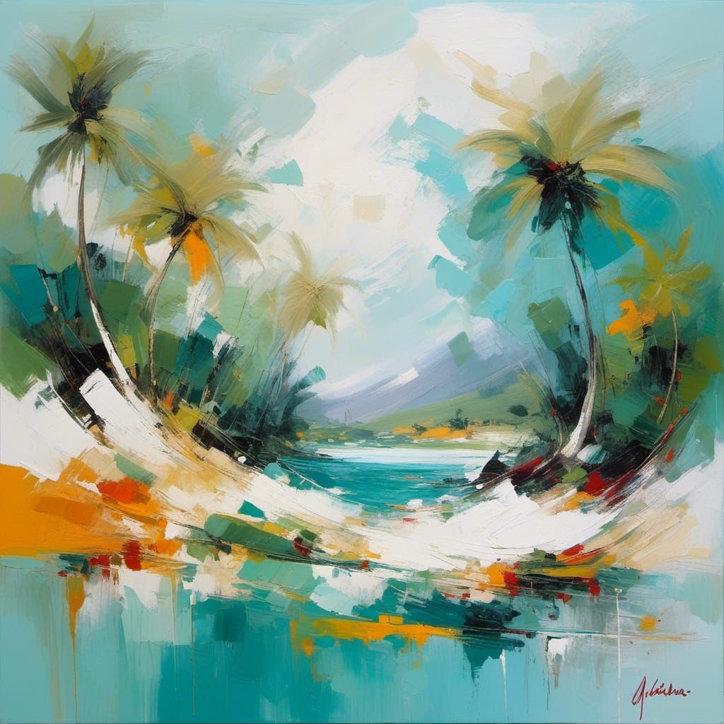 A mermaid, a beautiful lagoon oasis, palm trees, white sand, cliffs, rocks, sunshine, lyrical abstraction, chaotic vibrant energy <lora:Lyri...