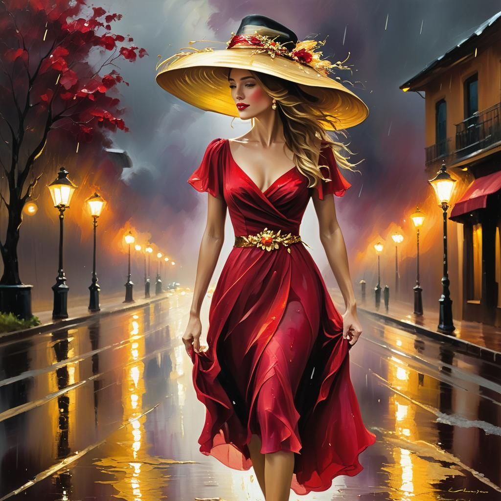 Woman in Crimson Dress Walking in Rain, Impasto Painting