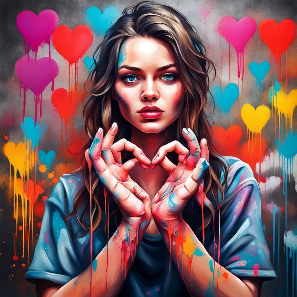 Adorable Woman Makes Heart: Graffiti Street Art