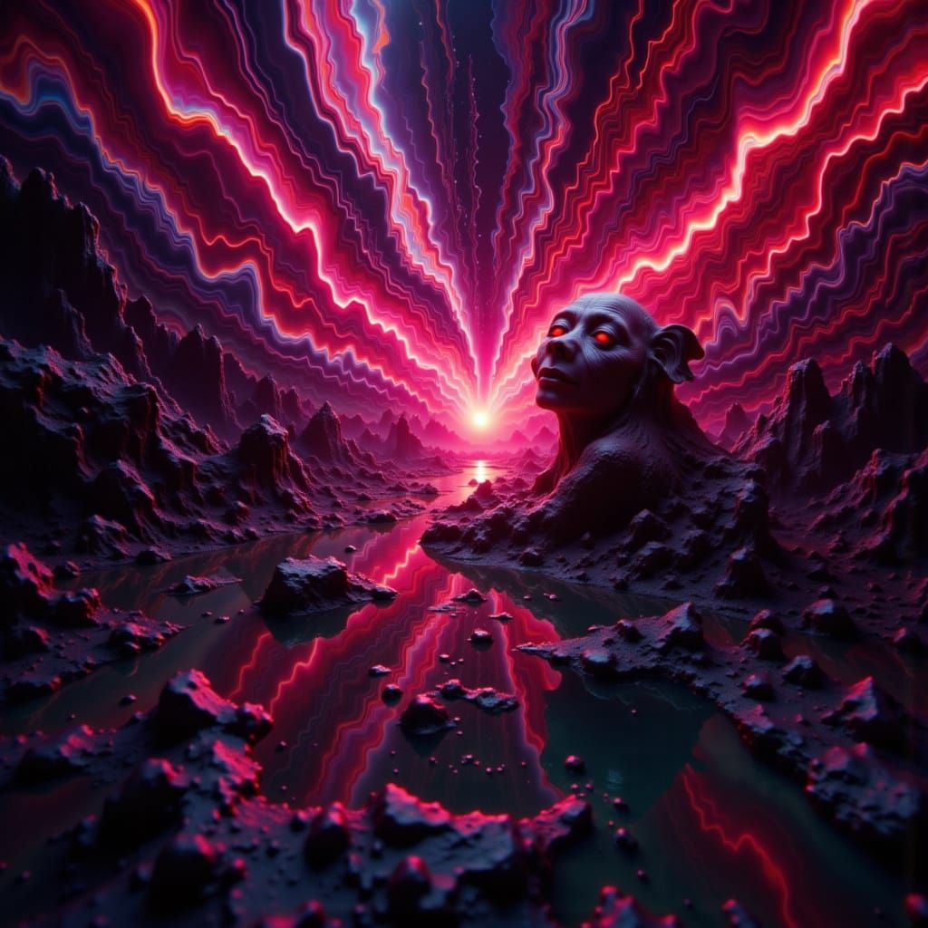 Glowing Red Laser Beam Cosmic Illustration in Mixed Media