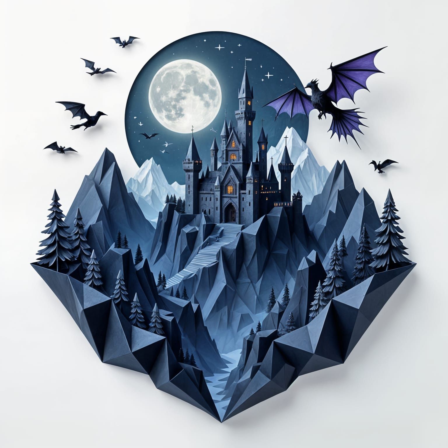 A dark fantasy world in origami style — jagged paper mountains and folded paper forests under a dim moon. ...  by @Zacharo