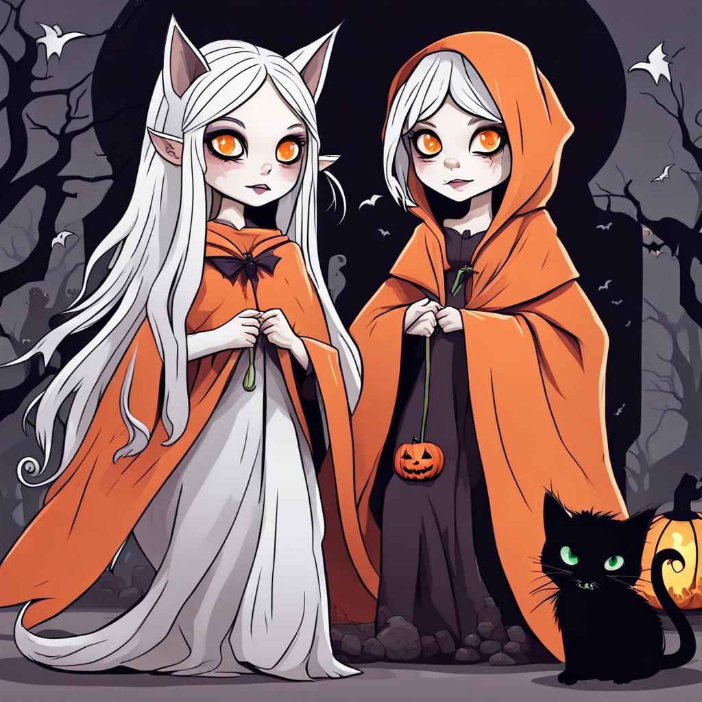 A Halloween Cat and a cute little magican female elf with lo...