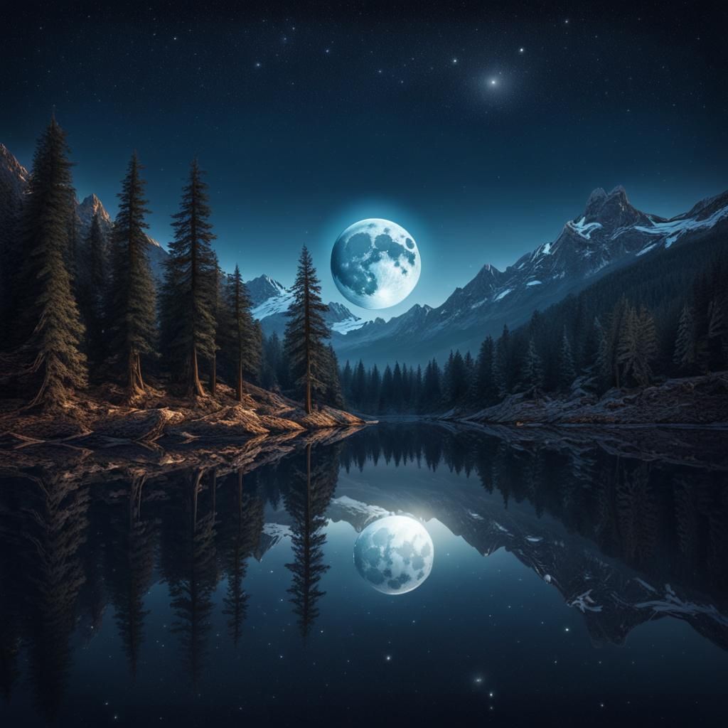 Reflection of the moon on a remote lake in the mountains, trees clear sky stars,   by @TopDawg