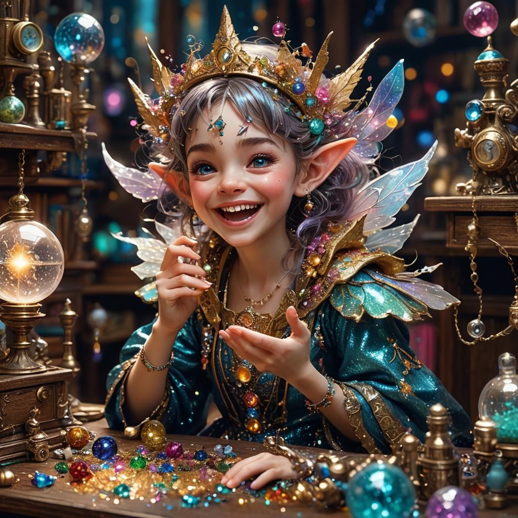 "Portrait of a tiny laughing glitter sorceress fairy pixie o...