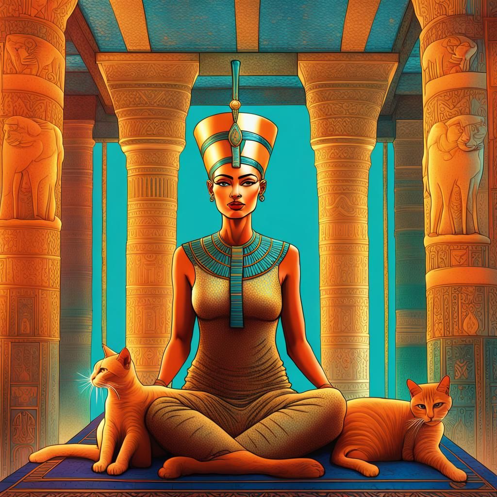 Egyptian Queen Nefertiti beautiful astral 8k cosmic mixed by her petting Pabl... r/nightcafe her cats illustration in resolution holographic palace media 