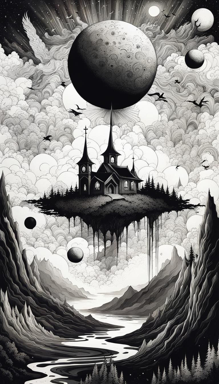 Surreal Fractal Mountain Landscape with Lotus Flower