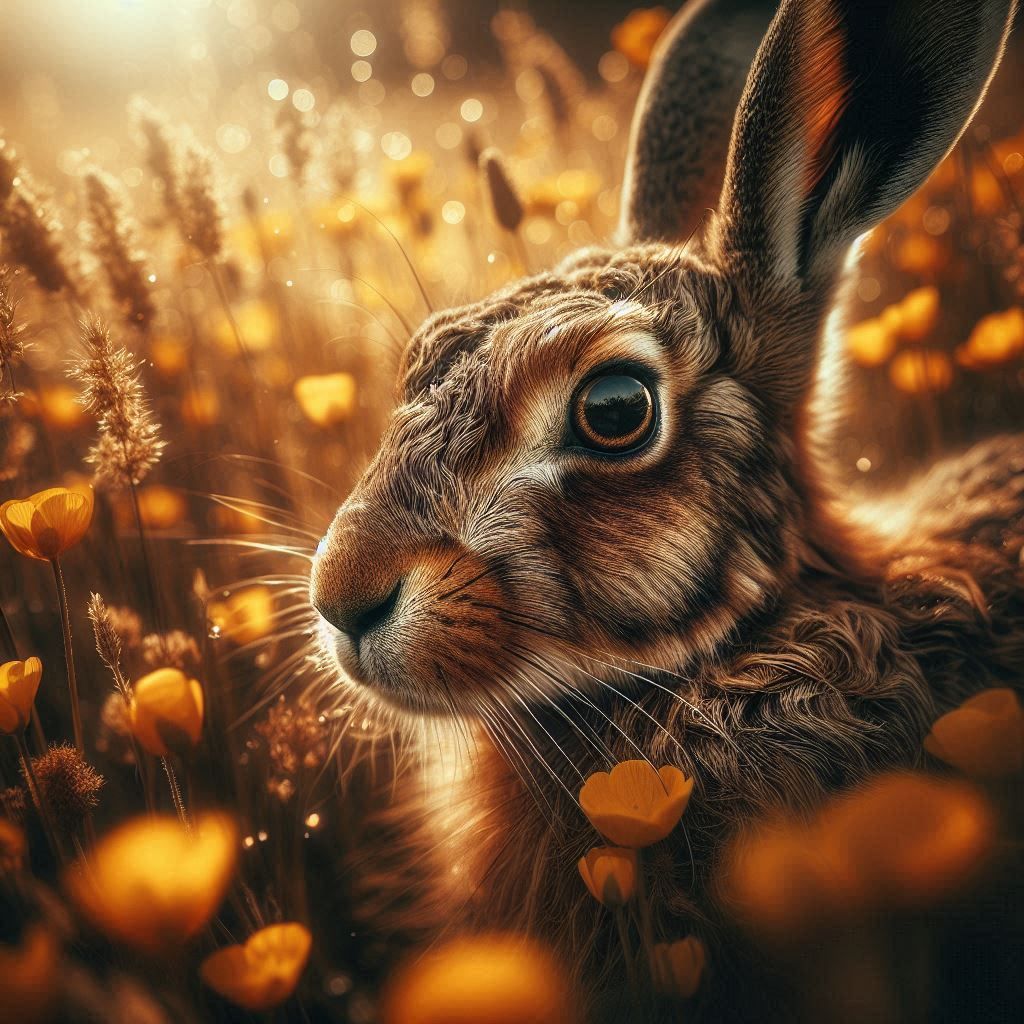 Brown Hare (Lepus Europaeus) & Meadow Buttercups (Ranunculus Acris)