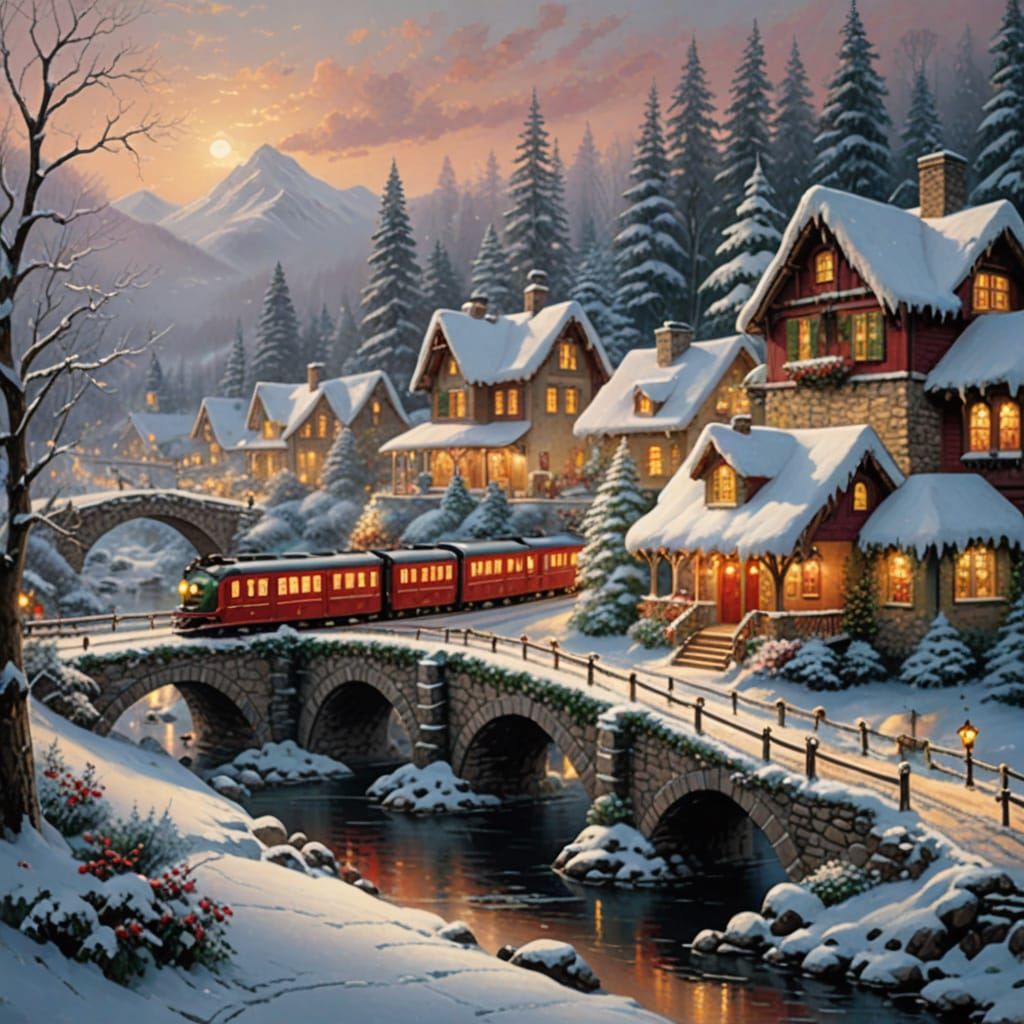 A festive winter village scene, adorned with twinkling lights and a cozy holiday ambiance.