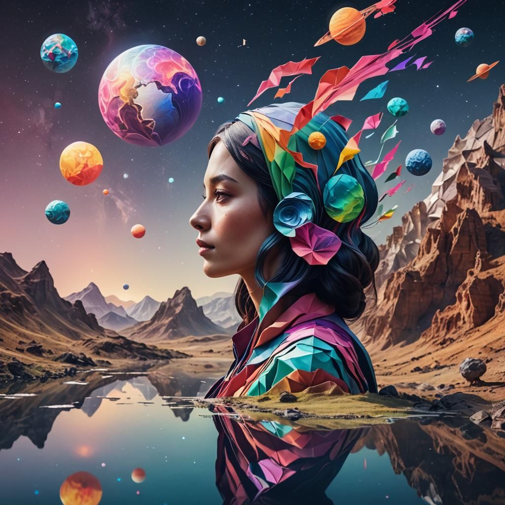 Double Exposure Woman: Alien Planet in Origami Style