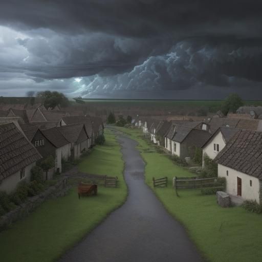 "A storm brewing over a peaceful village, casting long shado...