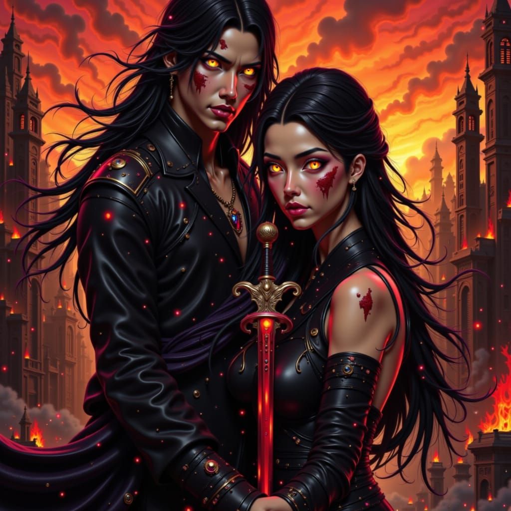 Dark Fantasy: Man and Sorceress in Burning City in this image a scarred man with a bloody sword and a dark sorceress amid a burning city. Th...