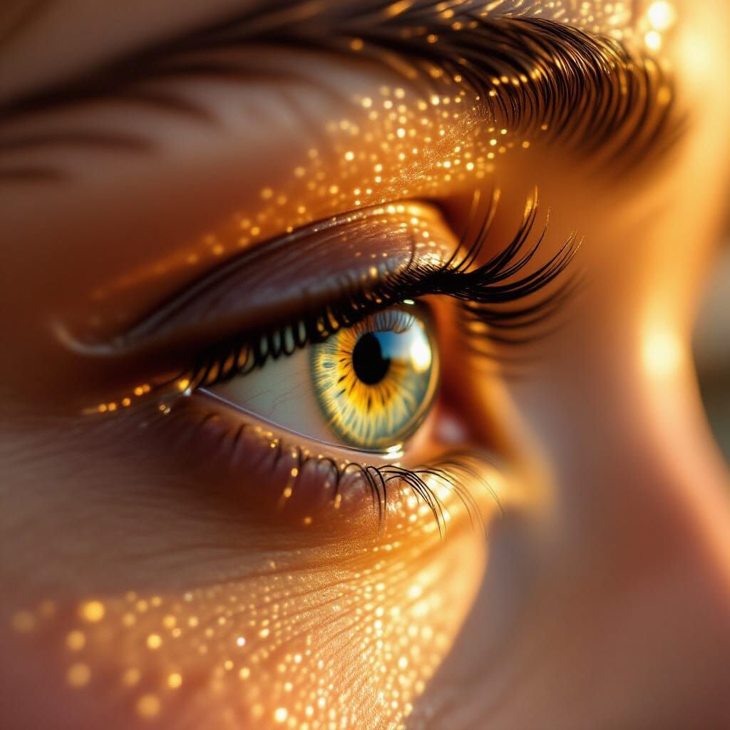 Photorealistic Close-Up of a Tear in Golden Hour Light
