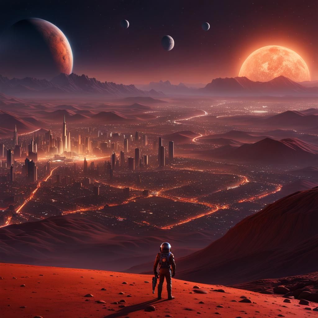 an martian in front of city on mars with a bright nightsky  by @undefined
