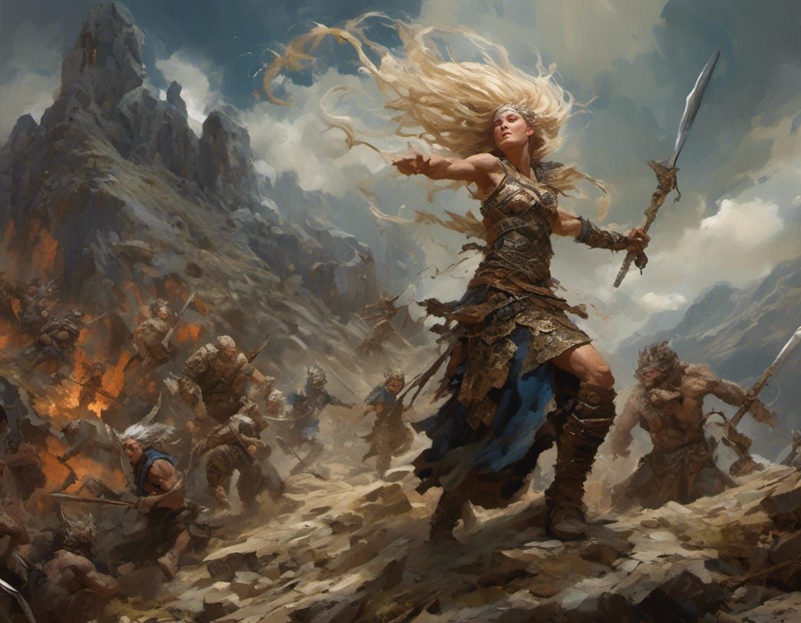 <lora:NC Hyperreal:1.0> barbarian, woman, wind blown fair ha...