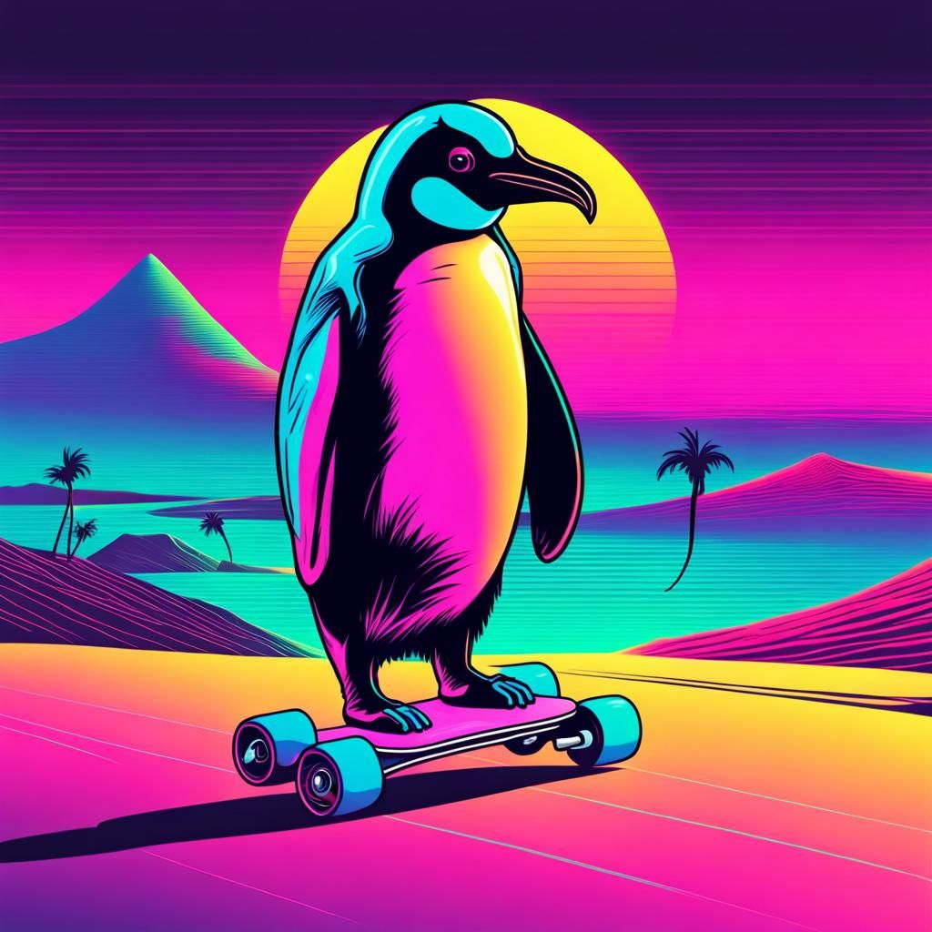 um pinguim andando de skate no deserto