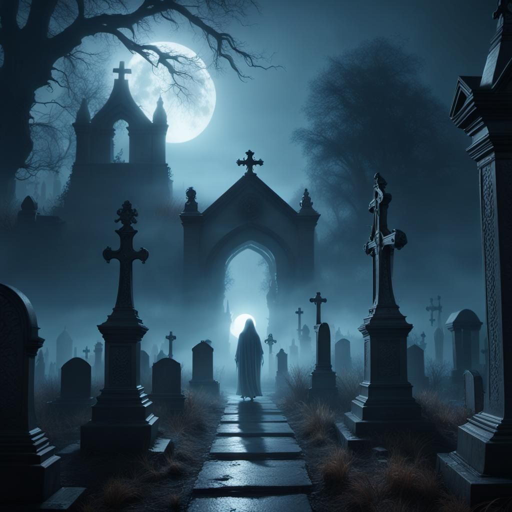 Eerie cemetery,is that a ghost - AI Generated Artwork - NightCafe Creator