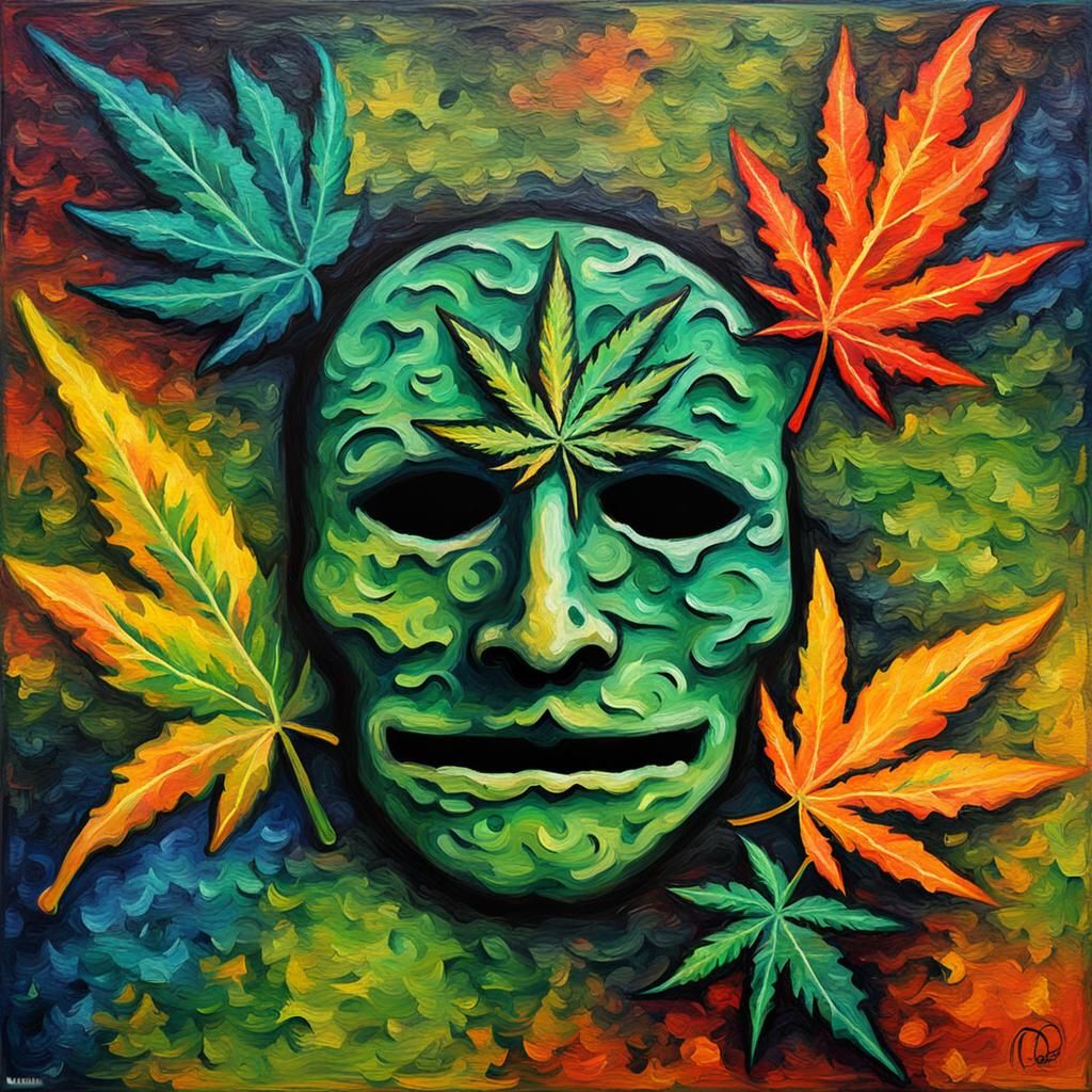 Logo face spooky with leaf marijuana with logo Marijuana