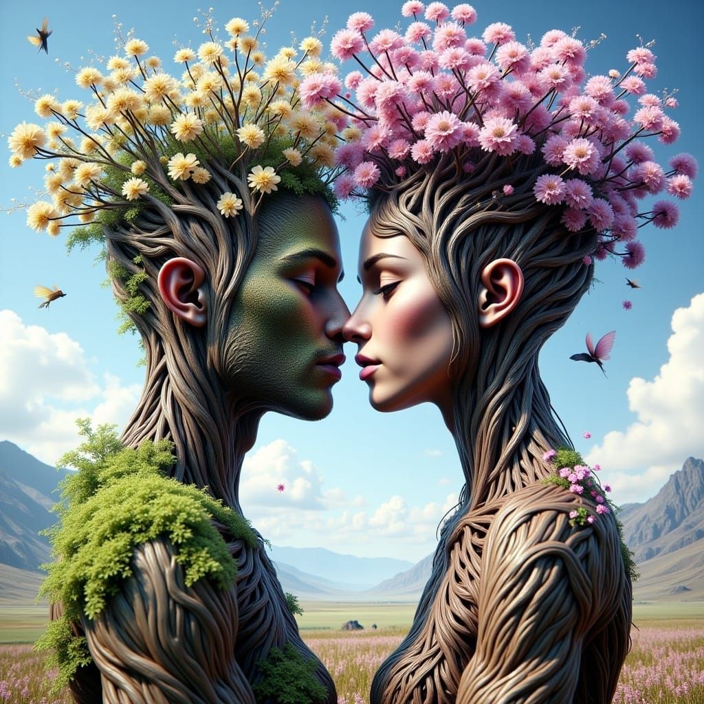 A captivating surreal artwork featuring a mesmerizing fusion of human and nature. A male and female tree are entwined in a delicate embrace,...
