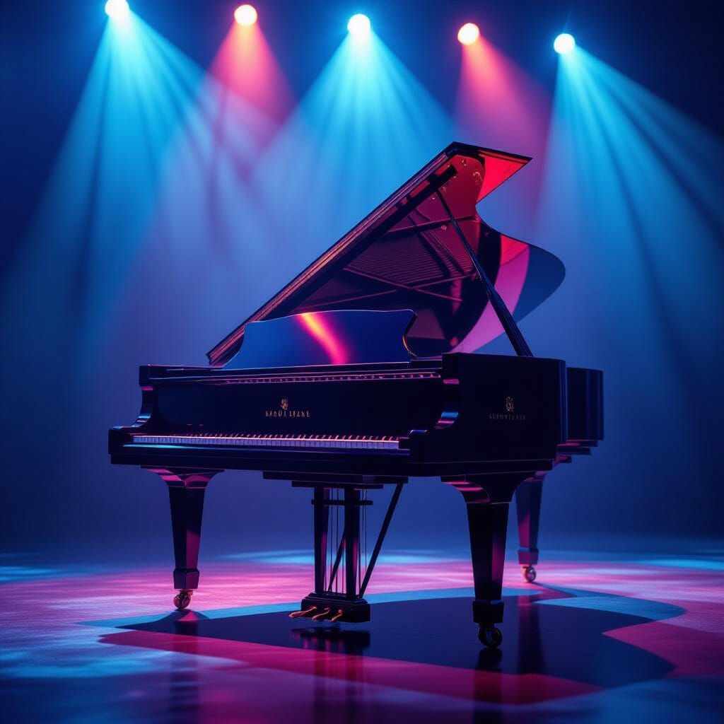 Vivid Grand Piano Bathed in Spotlights, Hyperactive Energy