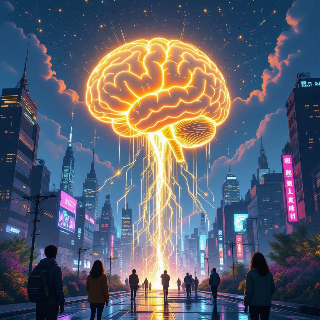 
"A giant glowing brain floating above a futuristic city, connected to the sky with golden roots of energy. People below look up in awe, as ...