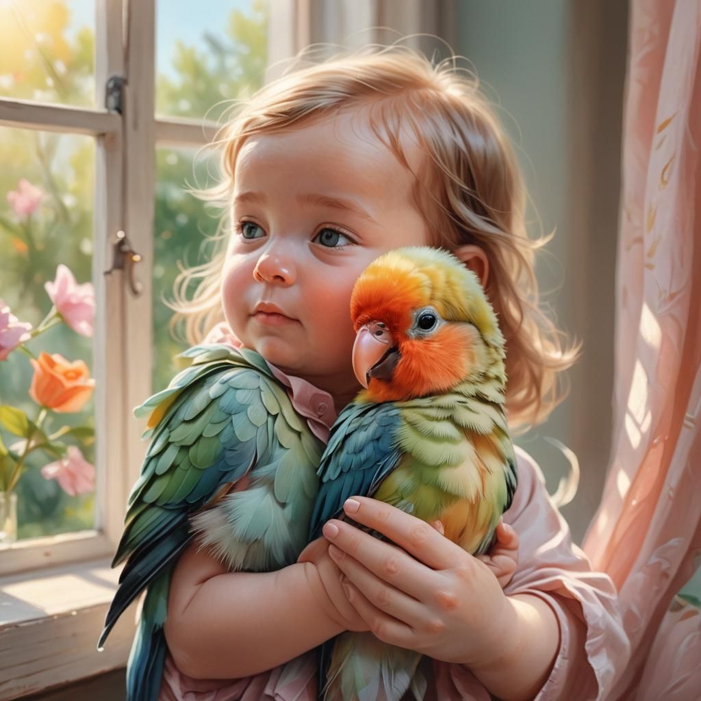 Baby and Lovebird Portrait in Pastel Colors