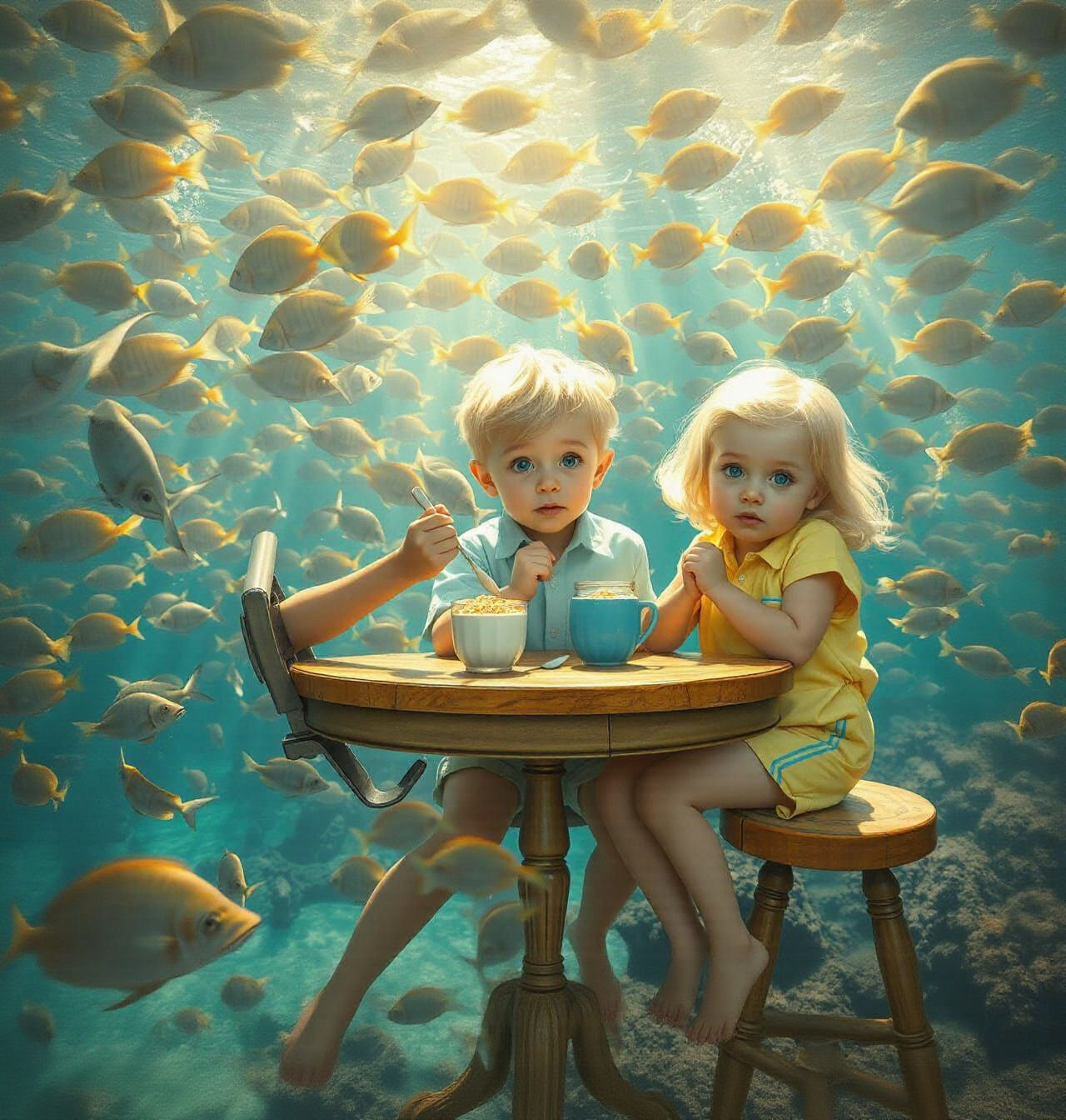 Underwater Breakfast Scene with Children in Sunshine