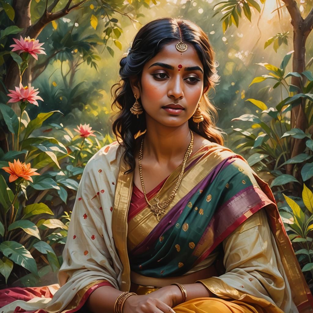 A serene young Indian woman in traditional clothing sits cro...