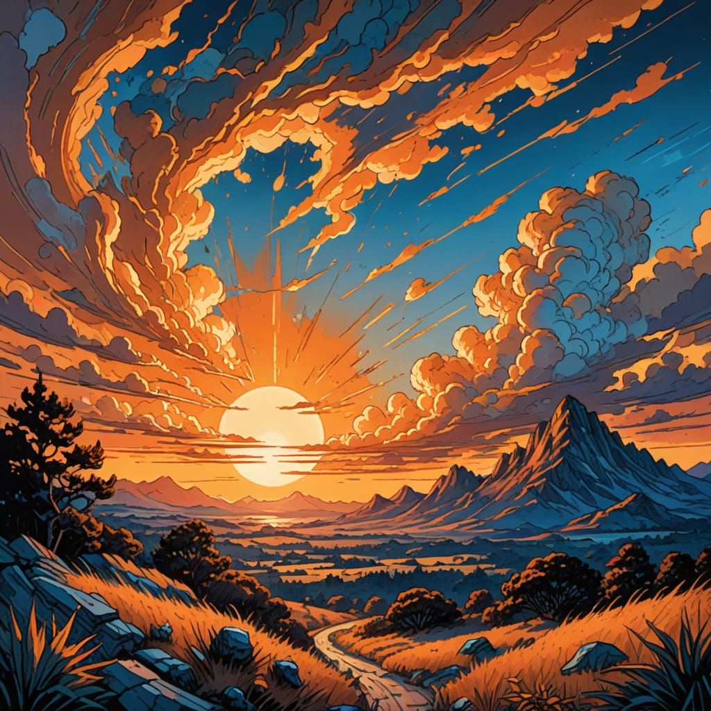 coucher de soleil, sunset abstract art complementary colors fine details Mark Brooks and Dan Mumford, comic book art, pe...