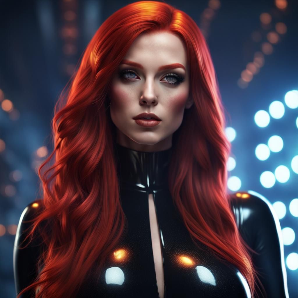 Courtney Hope actress long red hair, wearing a tight black sci fi latex ...