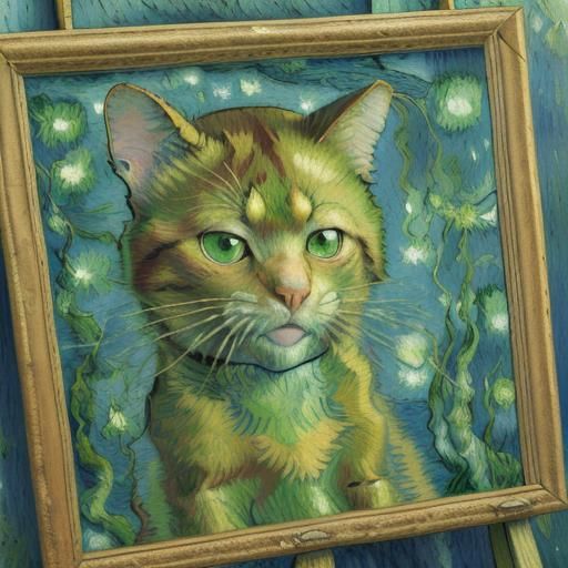 an oil painting of a brown cat with green eyes, 
(art style ...