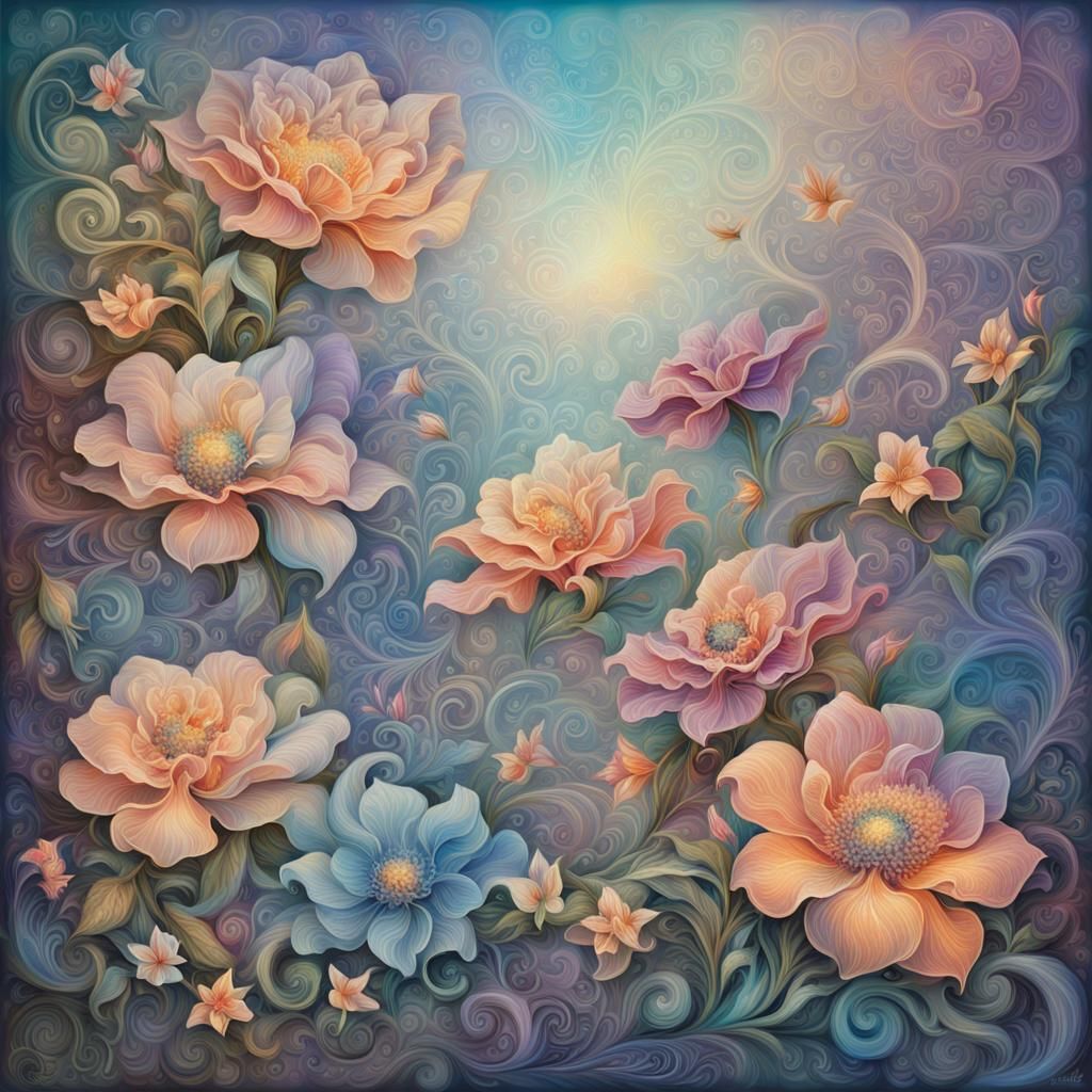 Deep pastel flowers with gradient petals. Leaves, vines and ...