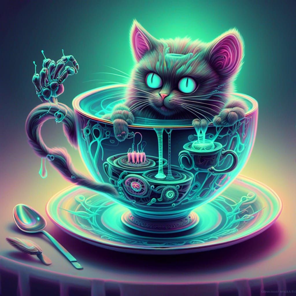 Bioluminescent Biomechanical Cat in Teacup: X-Ray Art