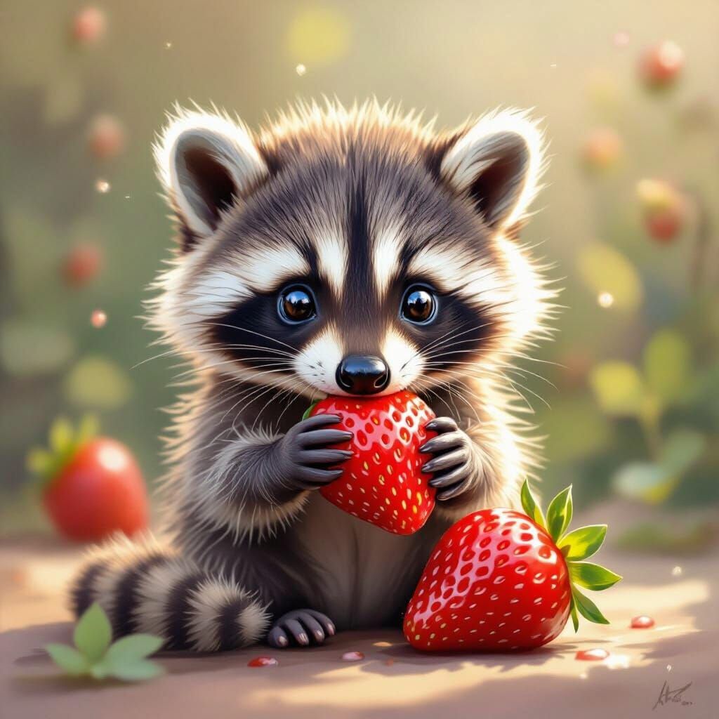 A baby raccoon eating a strawberry