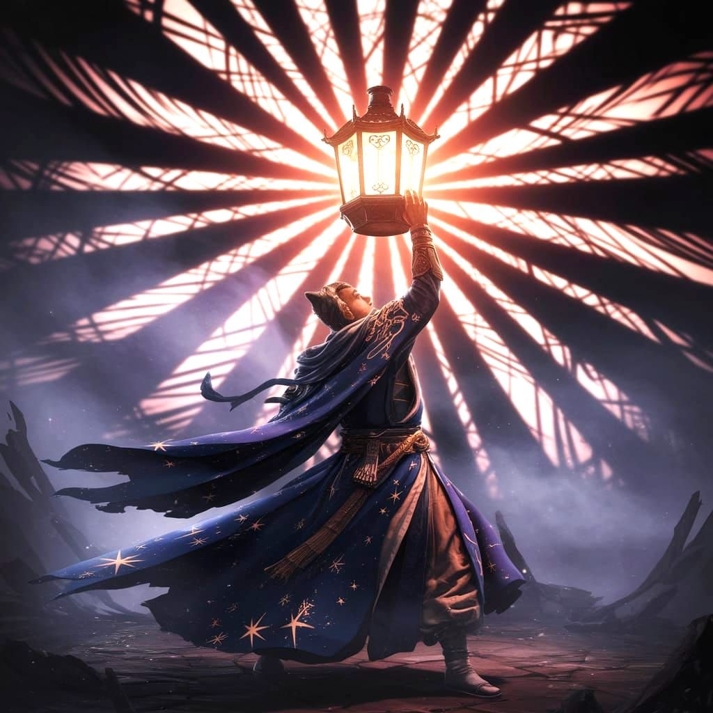 A mystical warrior, clad in robes adorned with celestial patterns, holds aloft a radiant, magical lantern that casts intricate, shifting sha...