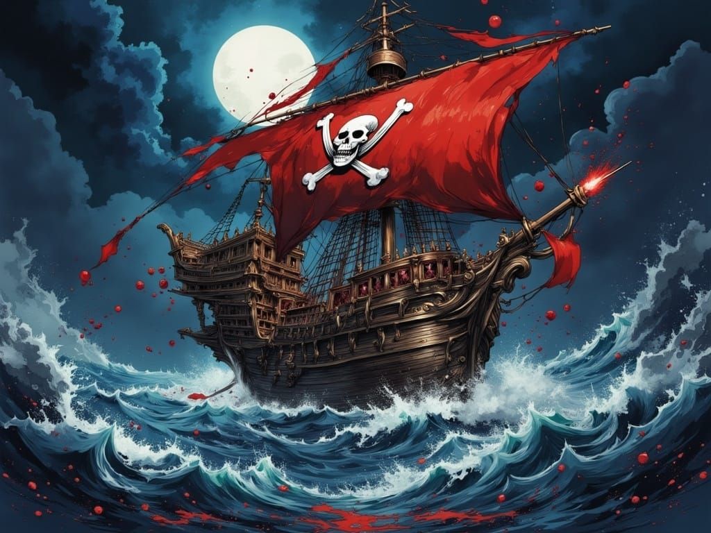 <lora:FluxInky:1.0> pirate ship blood moon raging seas