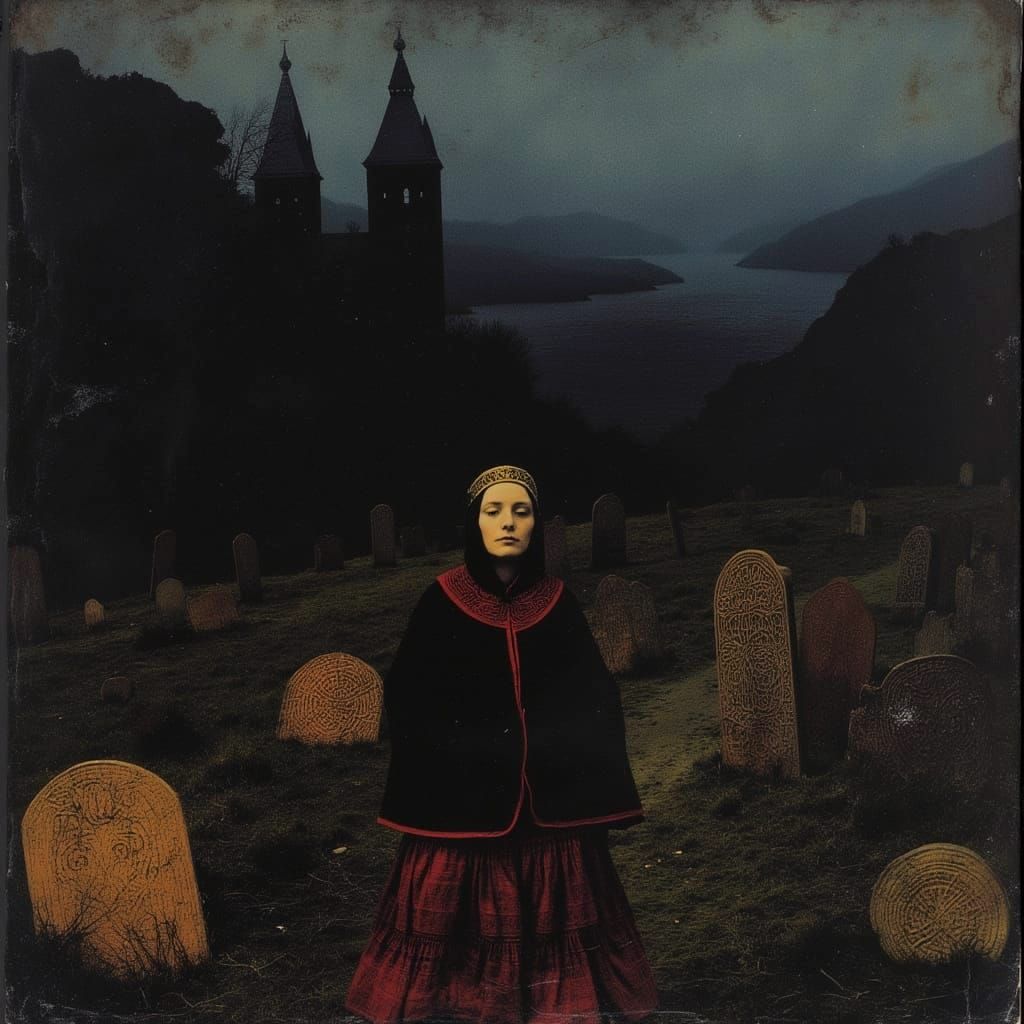 Norwegian Woman in Bunad Walks Through Fjord Graveyard at Ni...