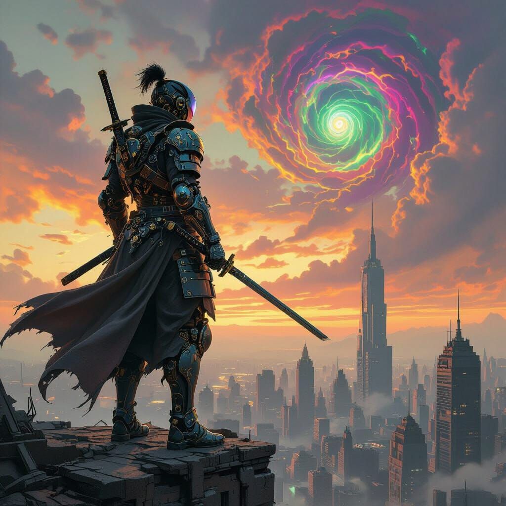 In a post-apocalyptic metropolis, a biomechanical samurai, clad in ornate clockwork armor and wielding a katana forged from salvaged technol...