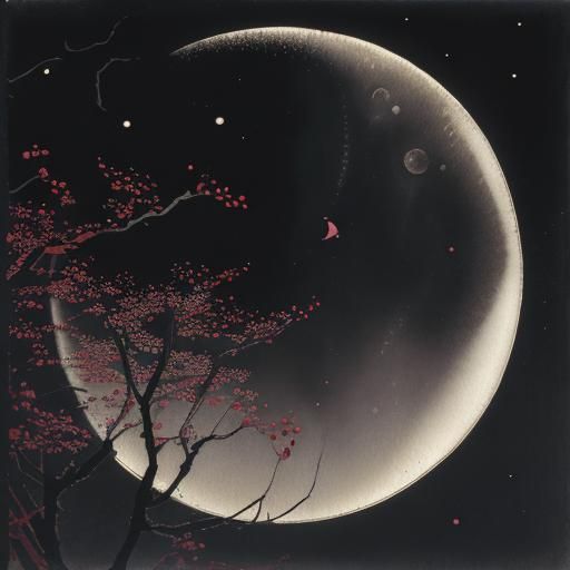 Summer full Moon shining against branches. Starry sky. River...