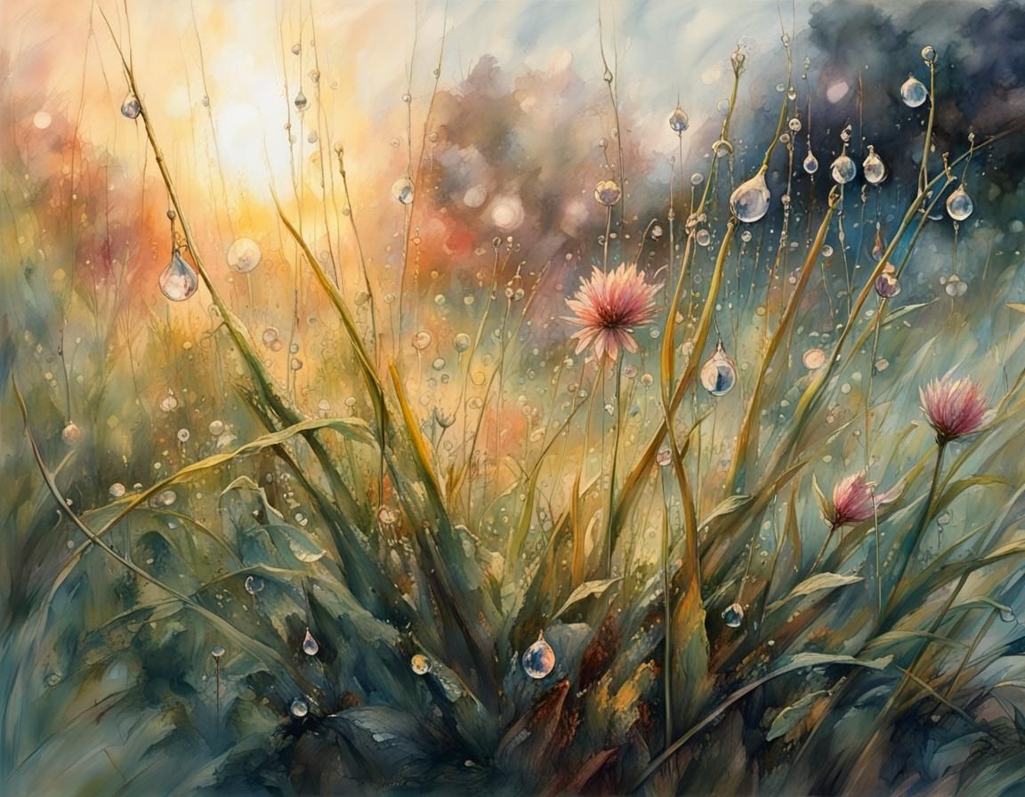 Beautiful close-up of dew drops on grass, shining in sunrise, ray of lights, lush flowers garden, classic watercolor pai...