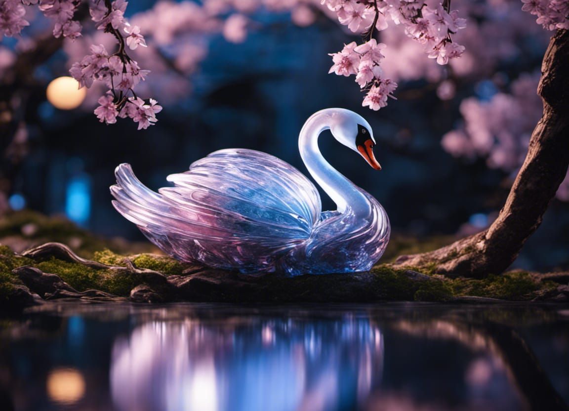 A beautiful stunning glistening blown glass swan with cherry blossoms inside, moonlight, insanely detailed, ...  by @Kindly Offer