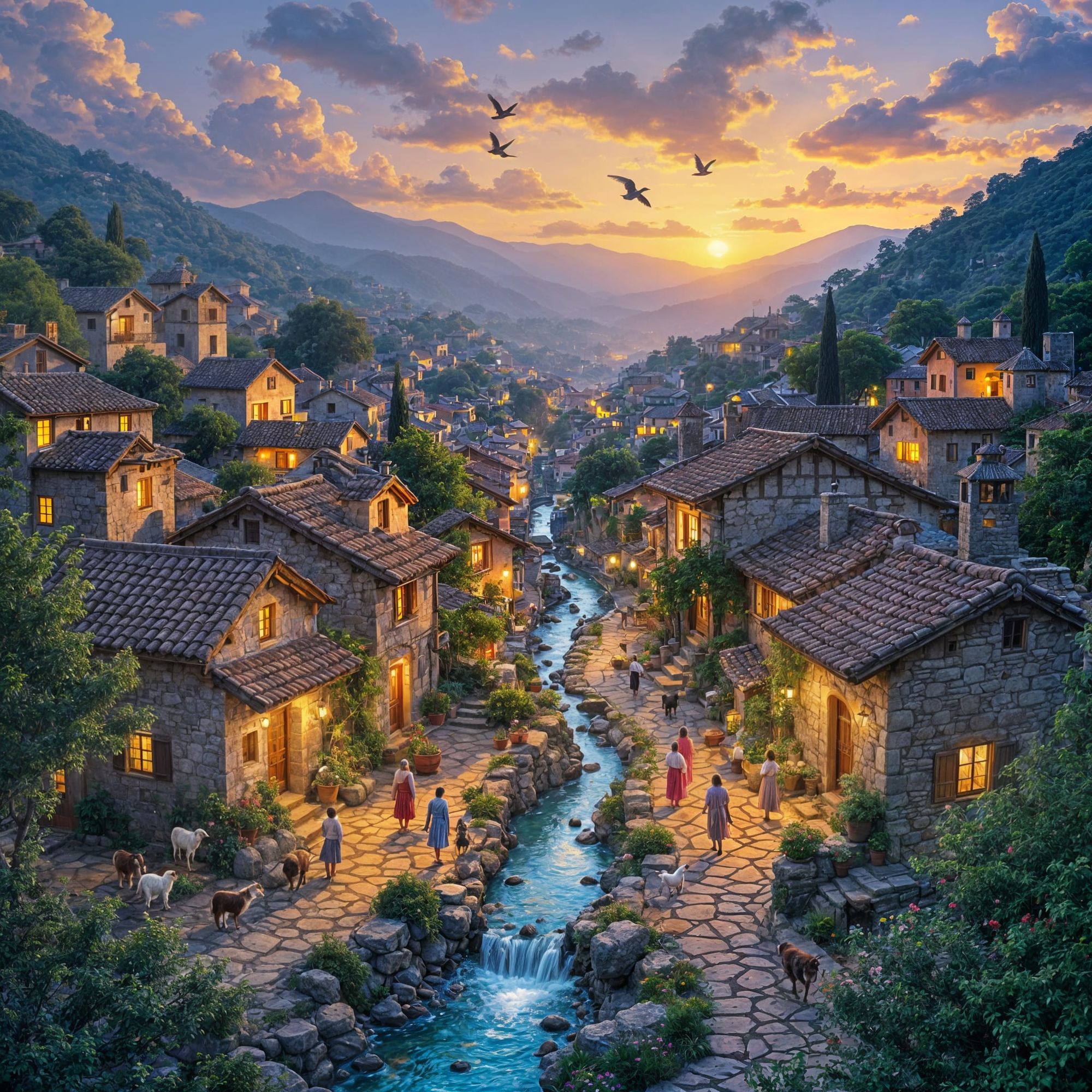 Bird's-eye diagonal view over a vibrant, colorful ancient village in a lush valley at golden-purple twilight. Winding dirt paths connect sto...